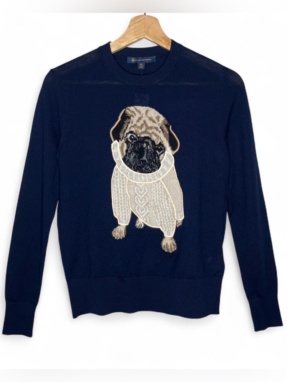 NEW Brooks Brothers Navy Merino Wool Pug Knit Intarsia Crewneck Sweater Size XS
